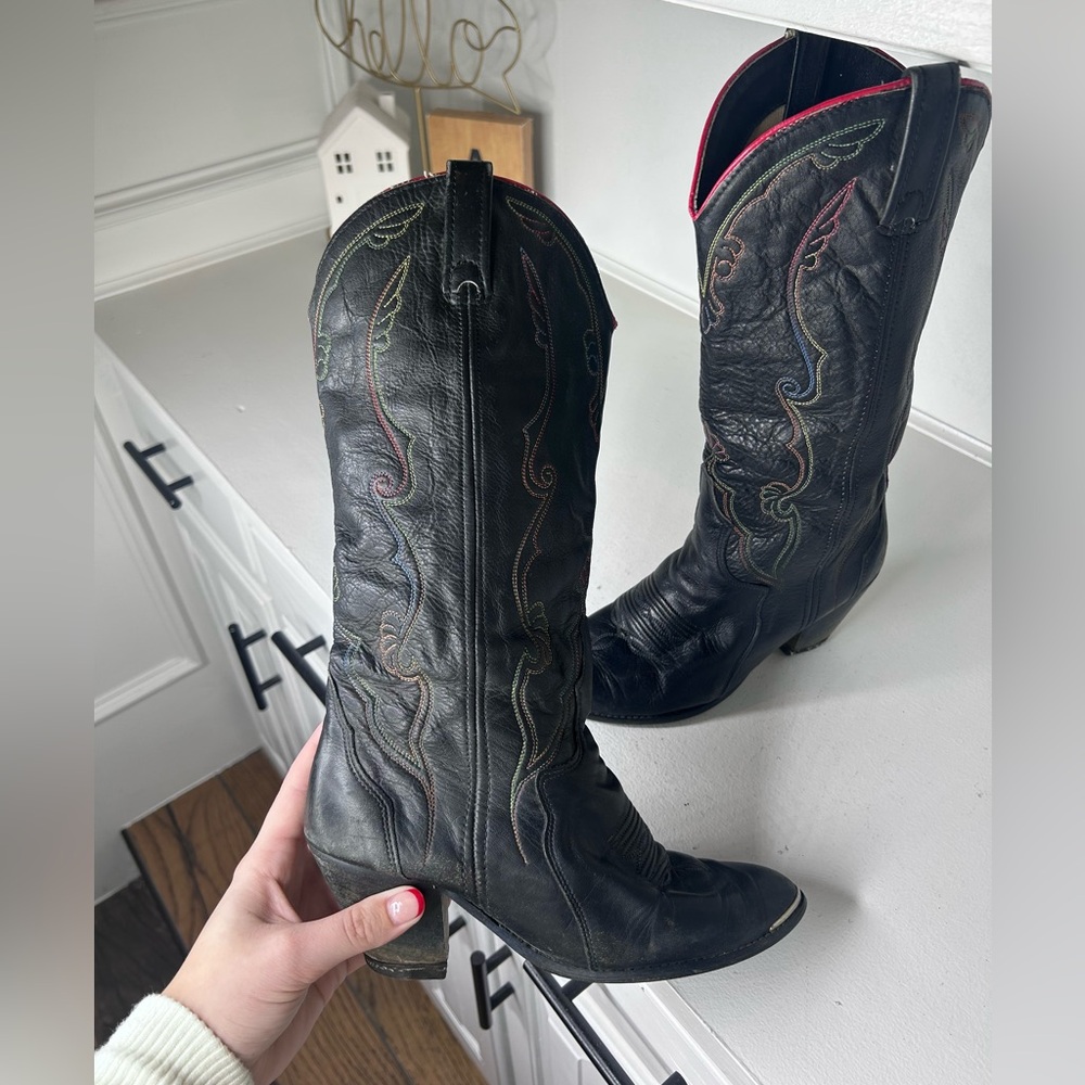 Vintage Acme Black Leather Cowboy Boots Women’s 7 Colorful Stitching, Metal Toe - Picture 7 of 9